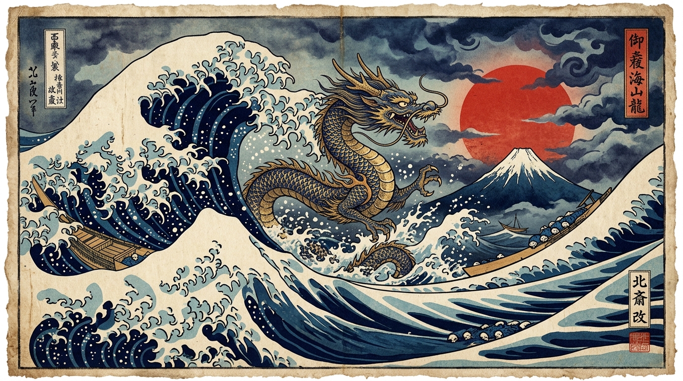 Ukiyo-e Wave Cresting Dragon Game Screen